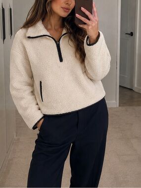 Ivory off white/black half zip faux shearling teddy textured long sleeve sweater